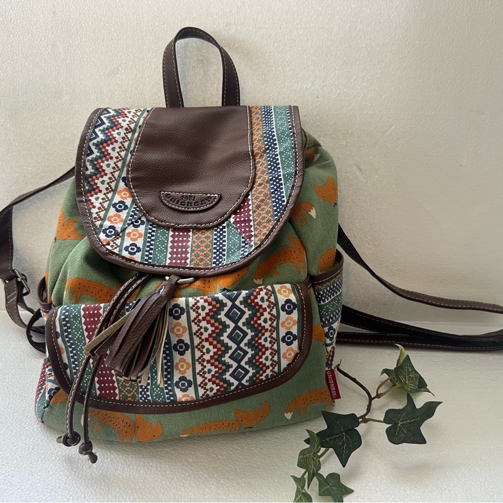 UNIONBAY Green Multicolor Patterned Canvas Backpack with Brown Trim